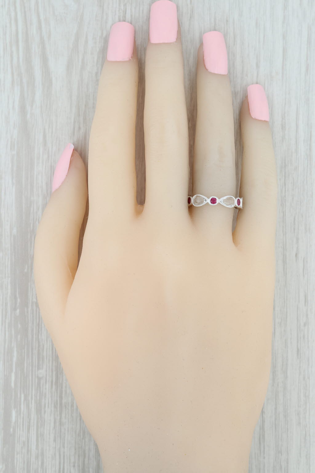 New Beverley K Red Ruby White Sapphire Stackable Ring 14k Gold Eternity Band 6.5