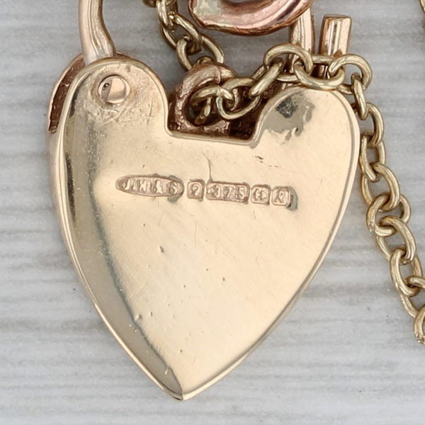 Vintage Curb Chain Charm Bracelet Heart Padlock Clasp 9k Gold British 7"