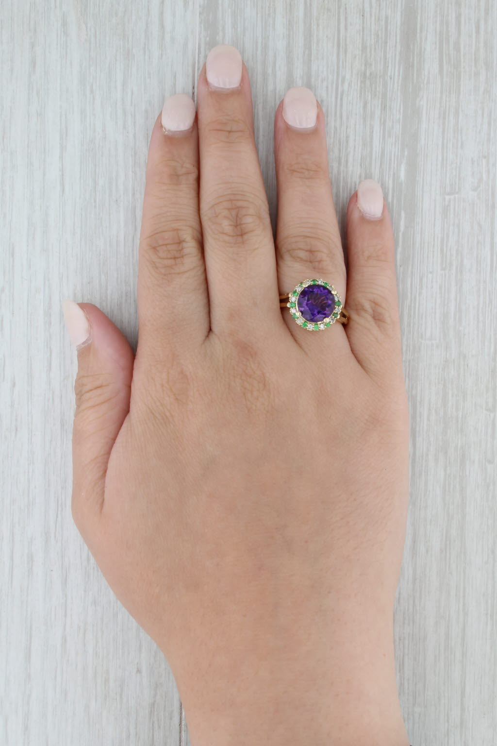 3.90ctw Amethyst Diamond Tsavorite Halo Ring 14k Yellow Gold Size 7.25