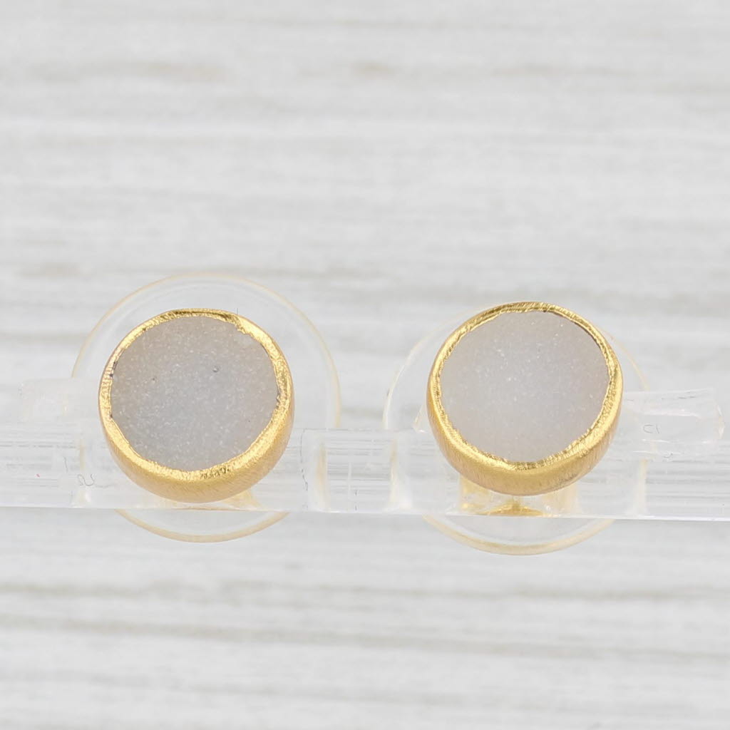 New Nina Wynn White Druzy Quartz Stud Earrings Sterling Silver Gold Plated