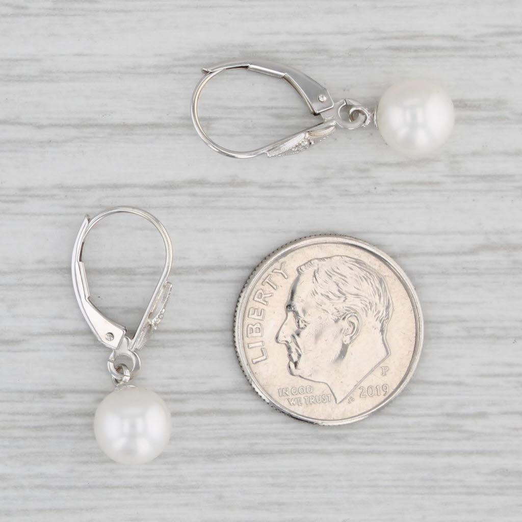 Light Gray Cultured Pearl Diamond Dangle Earrings 14k White Gold Drops