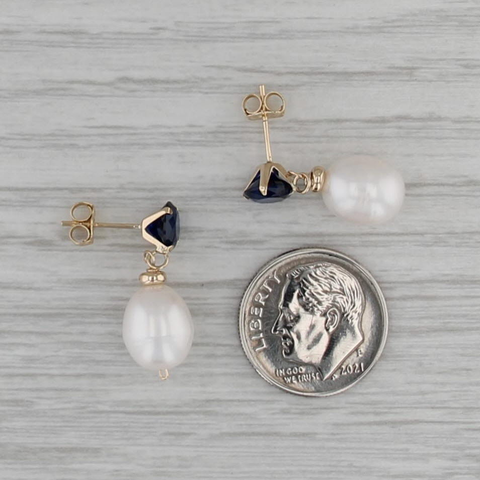 Cultured Pearl Blue Glass Drop Earrings 14k Yellow Gold Butterfly Backs