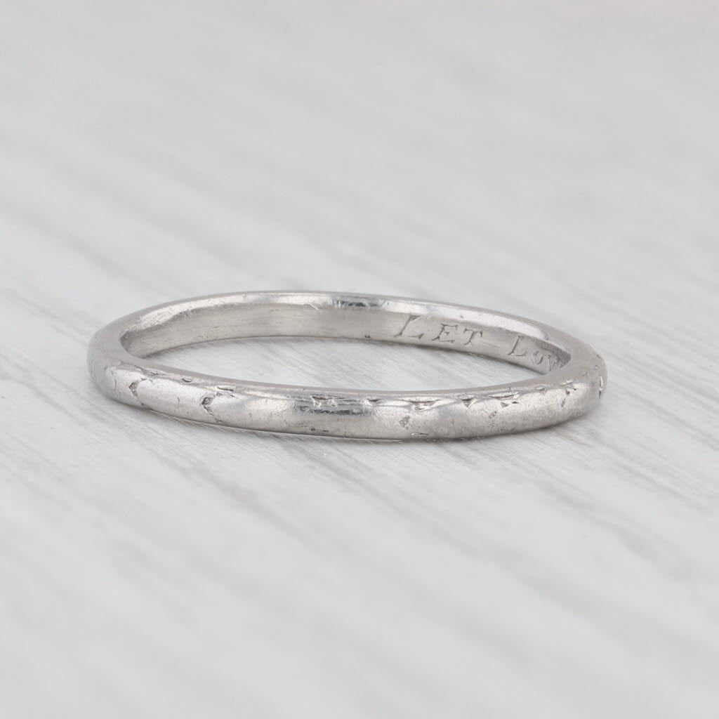 Light Gray Antique Art Deco 1920s Wedding Band Platinum Hand Engraved Let Love Abide Ring