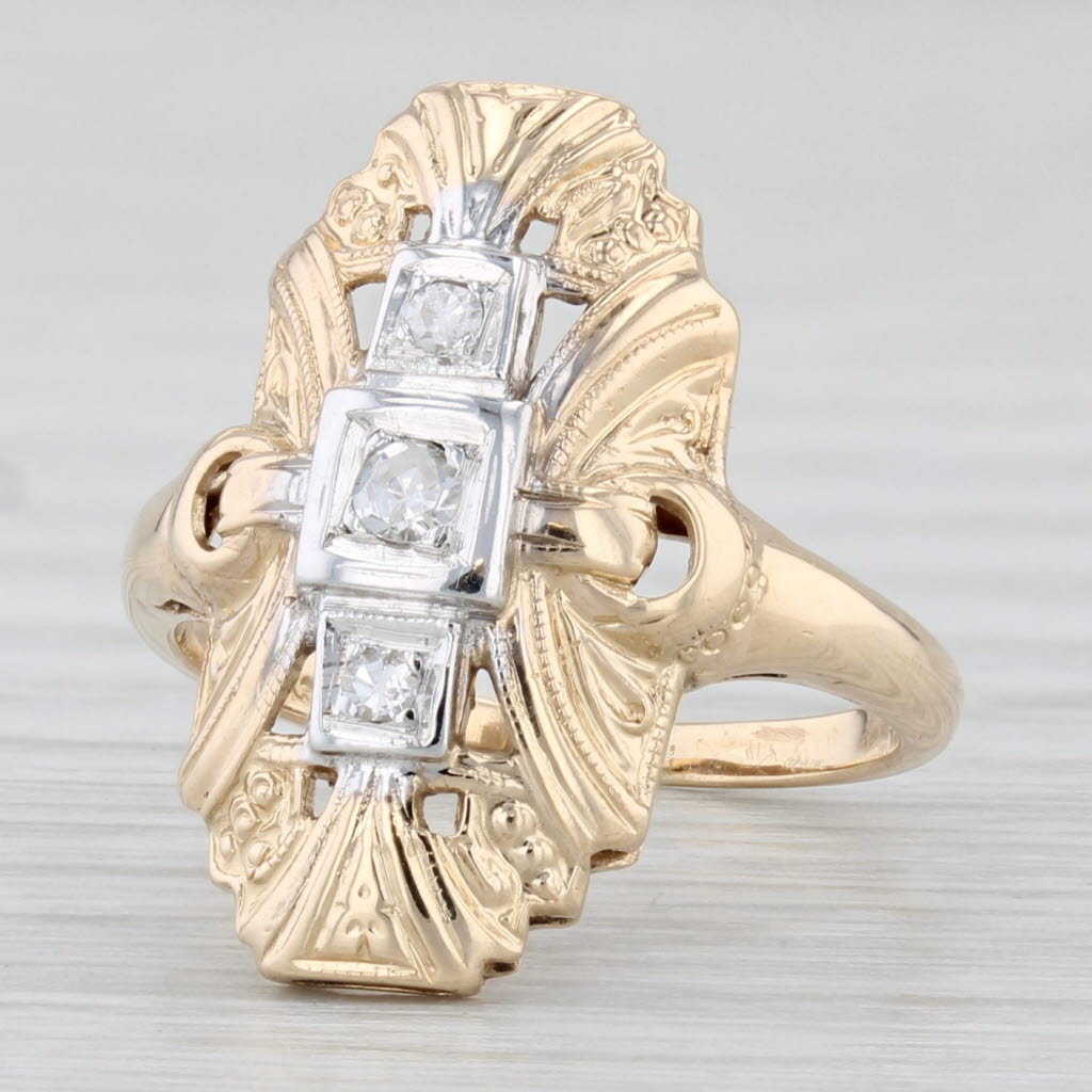 Light Gray Vintage Diamond Ring 14k Yellow Gold Size 4.25 3-Stone