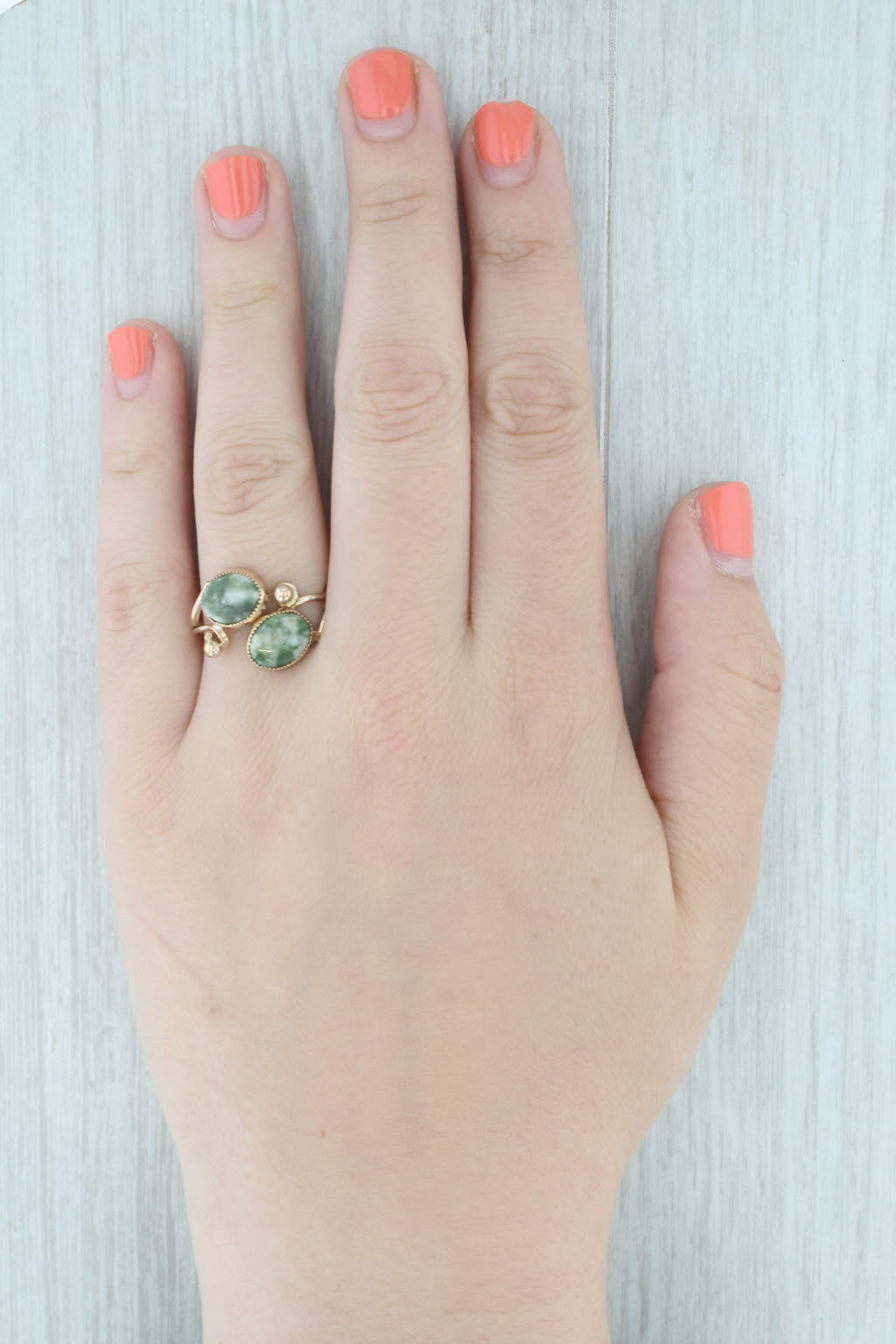 Light Gray Vintage Nephrite Jade Cabochon Bypass Ring 12k Yellow Gold Filled Adjustable