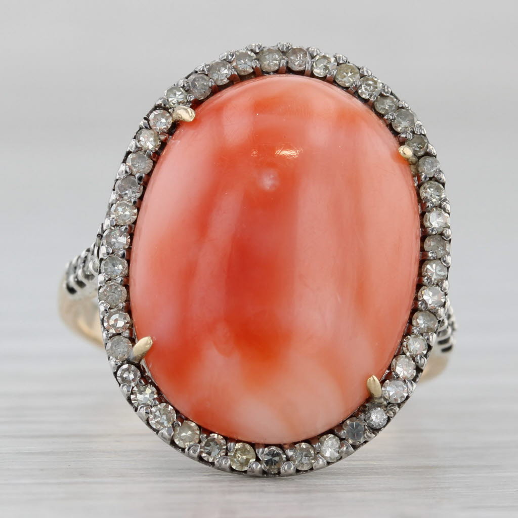 Gray Coral Cabochon Diamond Halo Ring 14k Yellow Gold Silver Size 8