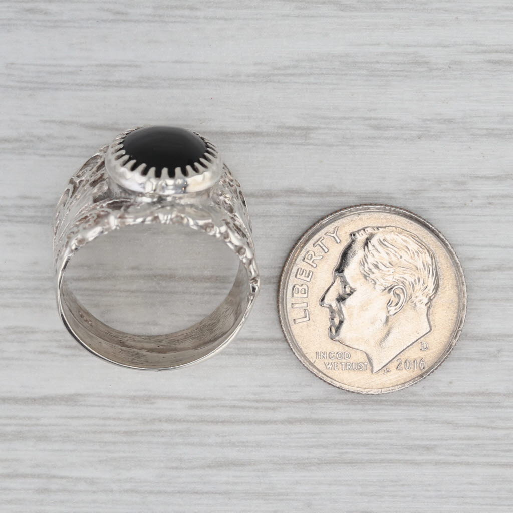 Gray Onyx Oval Cabochon Solitaire Statement Ring Sterling Silver Size 6 Ornate