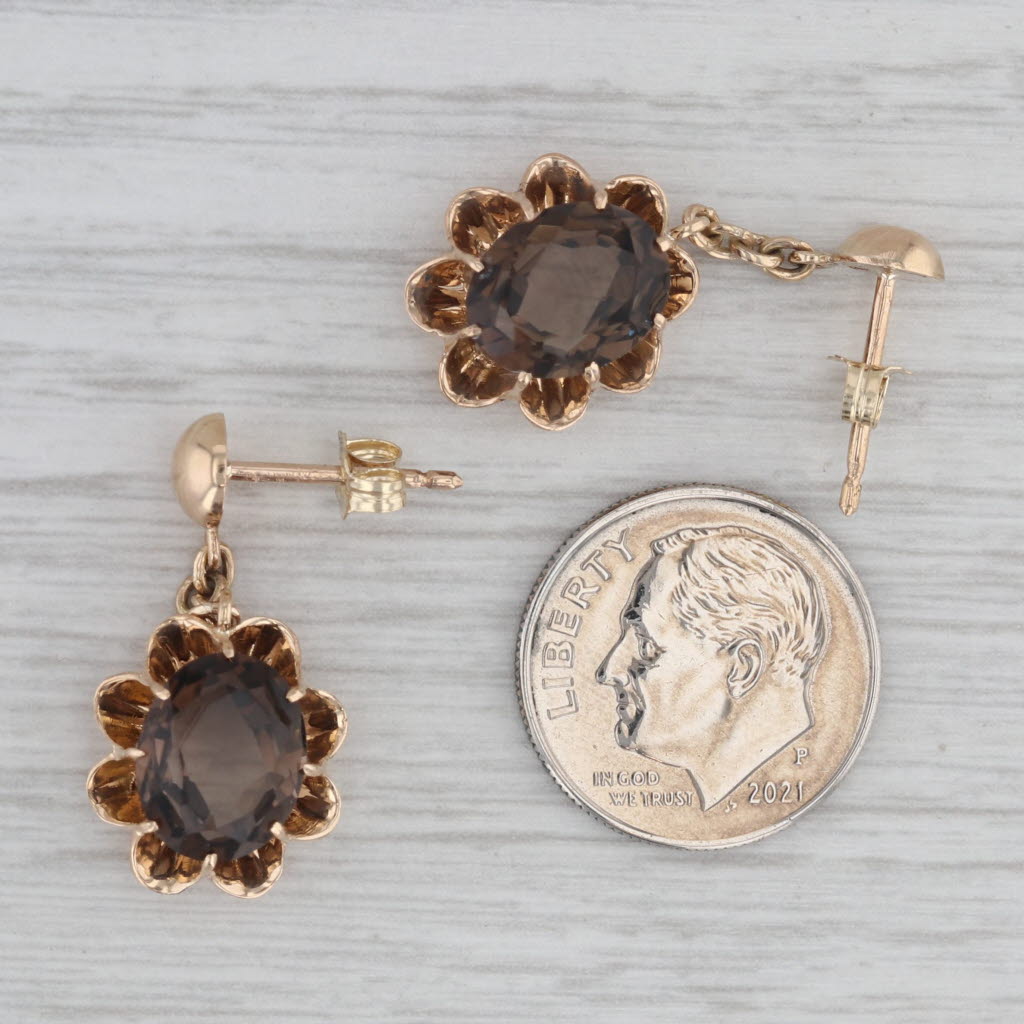 Gray 5ctw Smoky Quartz Dangle Flower Earrings 14k Yellow Gold Belcher Setting Drops