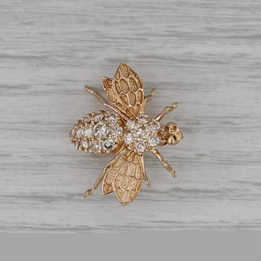 0.71ctw Diamond Bee Pin 14k Yellow Gold Insect Brooch Bug Jewelry