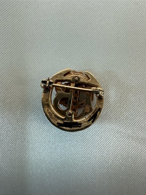Dark Gray Gamma Phi Beta Badge 10k Yellow Gold Sorority Pearls Synthetic Sapphire Pin