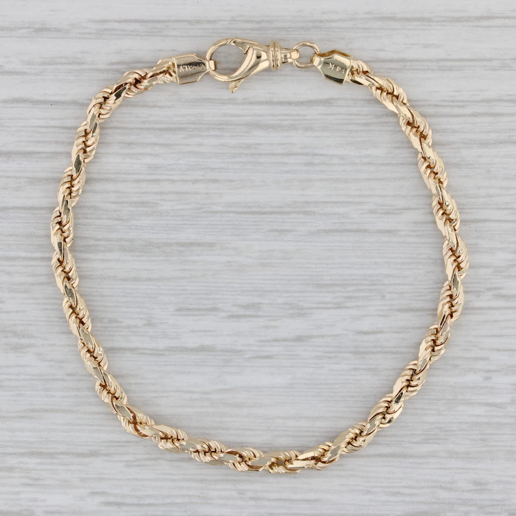 Gray Rope Chain Bracelet 14k Yellow Gold Lobster Clasp 7" 3.5mm