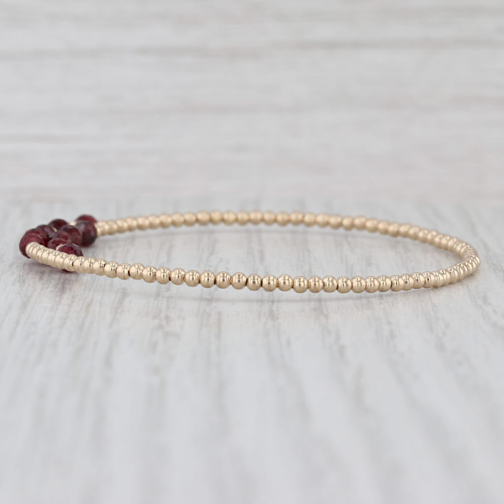 Garnet Bead Bypass Bangle Bracelet 14k Yellow Gold 6.5" Adjustable