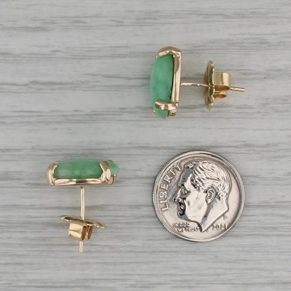 Green Jadeite Jade Stud Earrings 14k Yellow Gold Oval Cabochon Studs