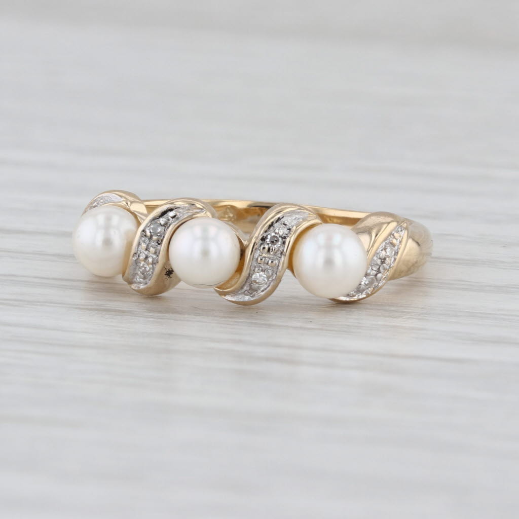 3-Stone Cultured Pearl Diamond Ring 14k Yellow Gold Size 7.5 Stackable
