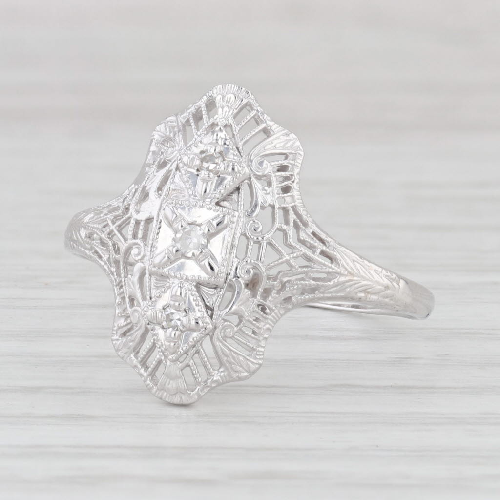 Light Gray Vintage VS2 Diamond Filigree Ring 10k White Gold Size 11.75