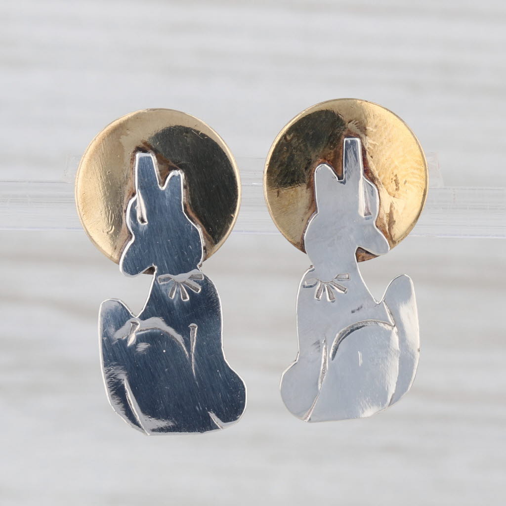 Vintage Wolf Howling at the Moon Earrings Sterling Silver Brass Drops