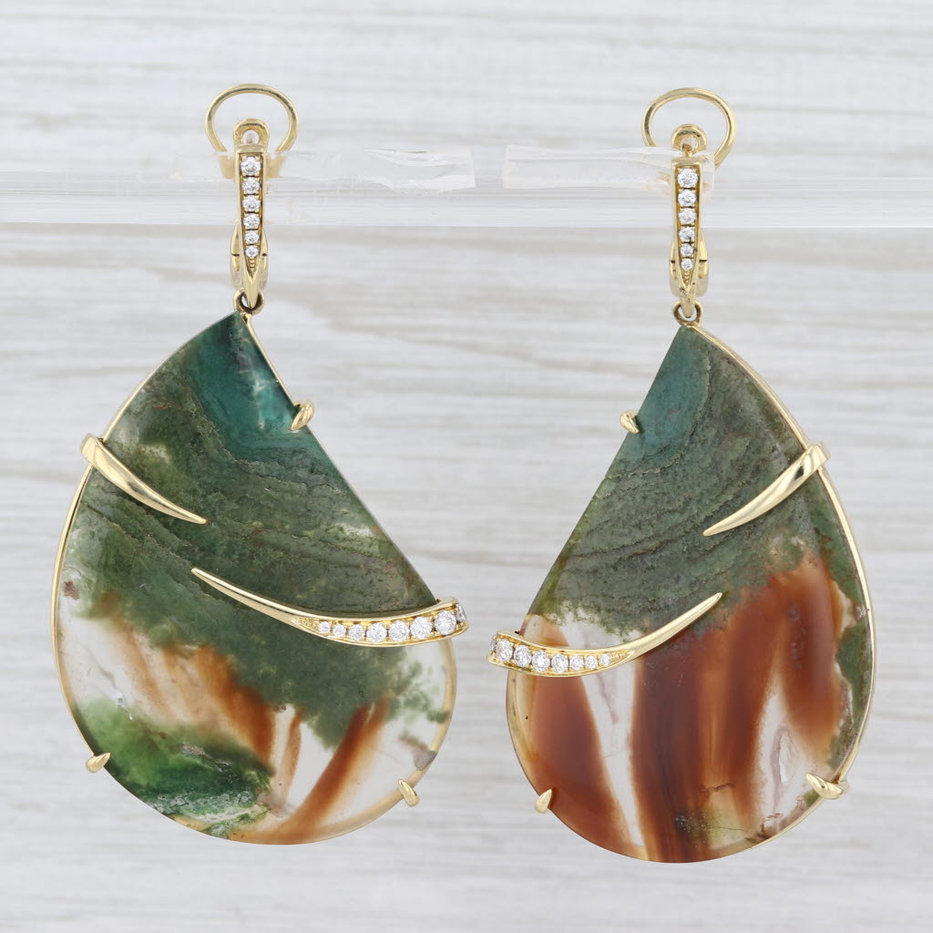 Frederic Sage Statement Earrings 0.30ctw Diamond Moss Agate 18k Yellow Gold