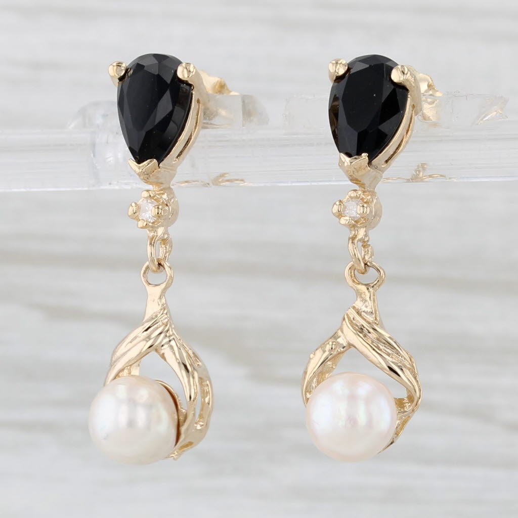 Light Gray Cultured Pearl Diamond Onyx Dangle Earrings 14k Yellow Gold Drops
