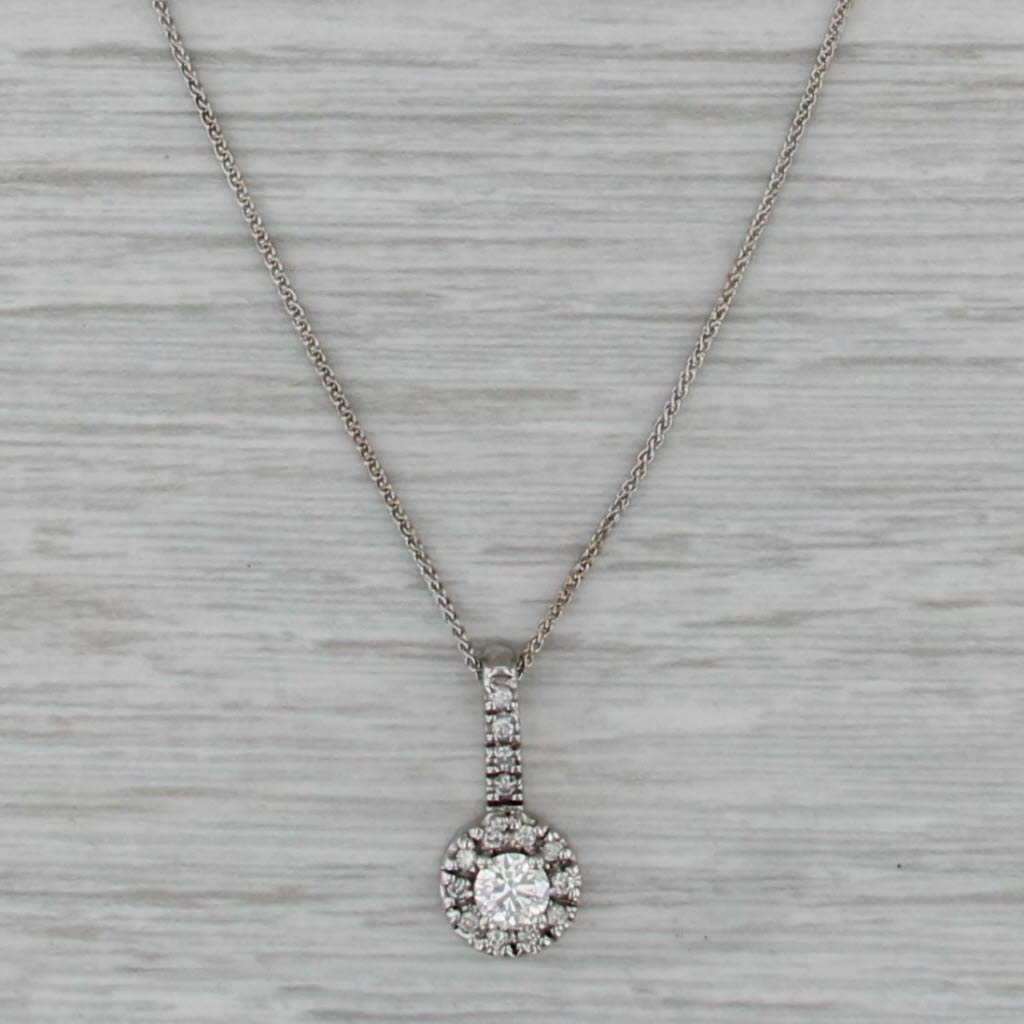 0.51ctw IGI Diamond Halo Pendant Necklace 14k White Gold Wheat Chain