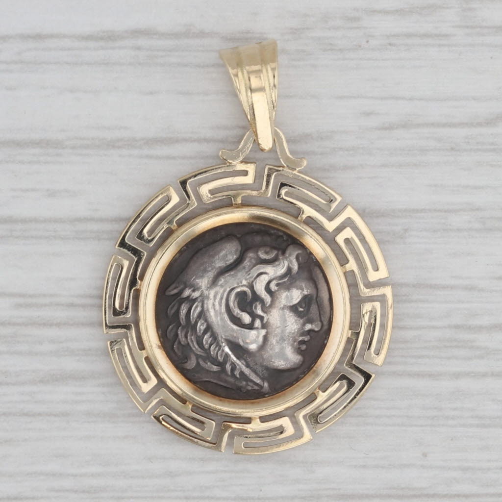 Gray Greek Coin Copy Pendant 14k Yellow Gold Silver Greek Key Pattern