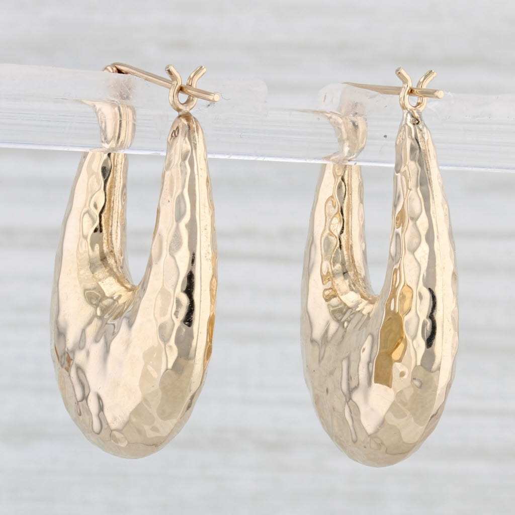 Light Gray Hammered Oval HoopEarrings 14k Yellow Gold Round Snap Top Hoops