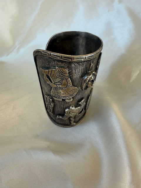 Vintage Peruvian Figural Tribal Wrist Plate Guard Sterling Silver Large Cuff