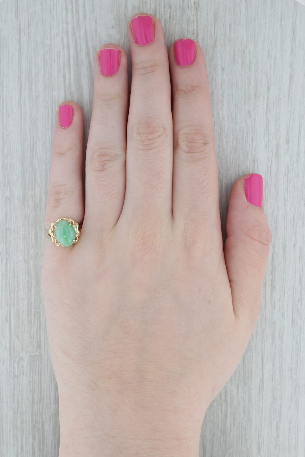 Gray Oval Cabochon Green Jadeite Jade Solitaire Ring 14k Yellow Gold Size 6.5