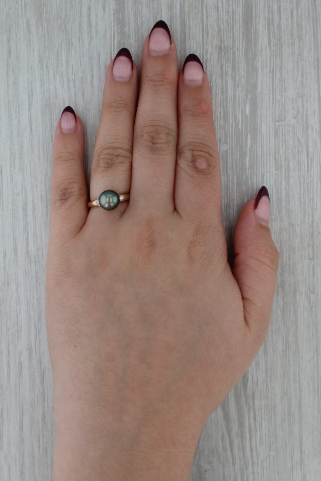 8.6mm Black Cultured Pearl Diamond Ring 14k Yellow Gold Size 7.25