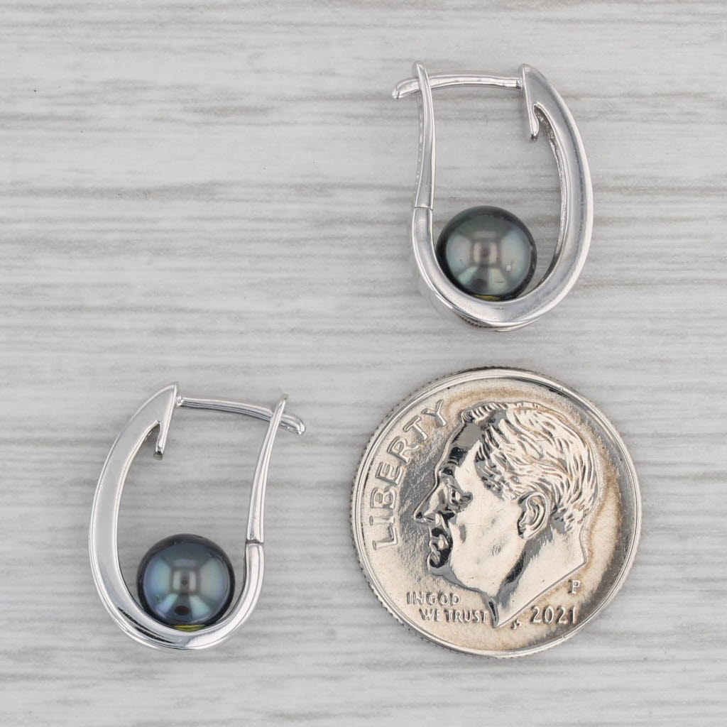 Gray Cultured Black Pearl Diamond J-Hook Earrings 14k White Gold Snap Top