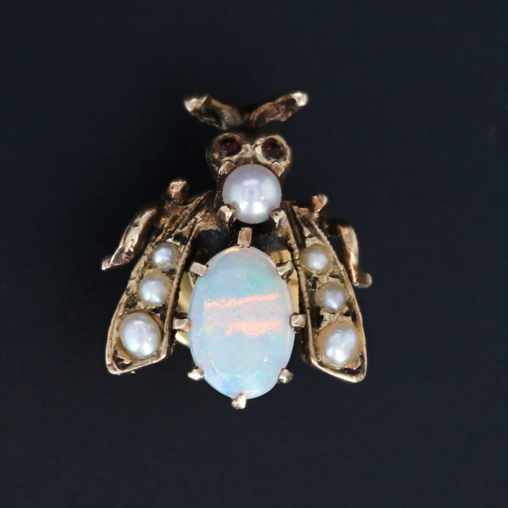 Black Antique Opal Pearl Glass Bug Pin 14k Yellow Gold Lapel Tie Tac