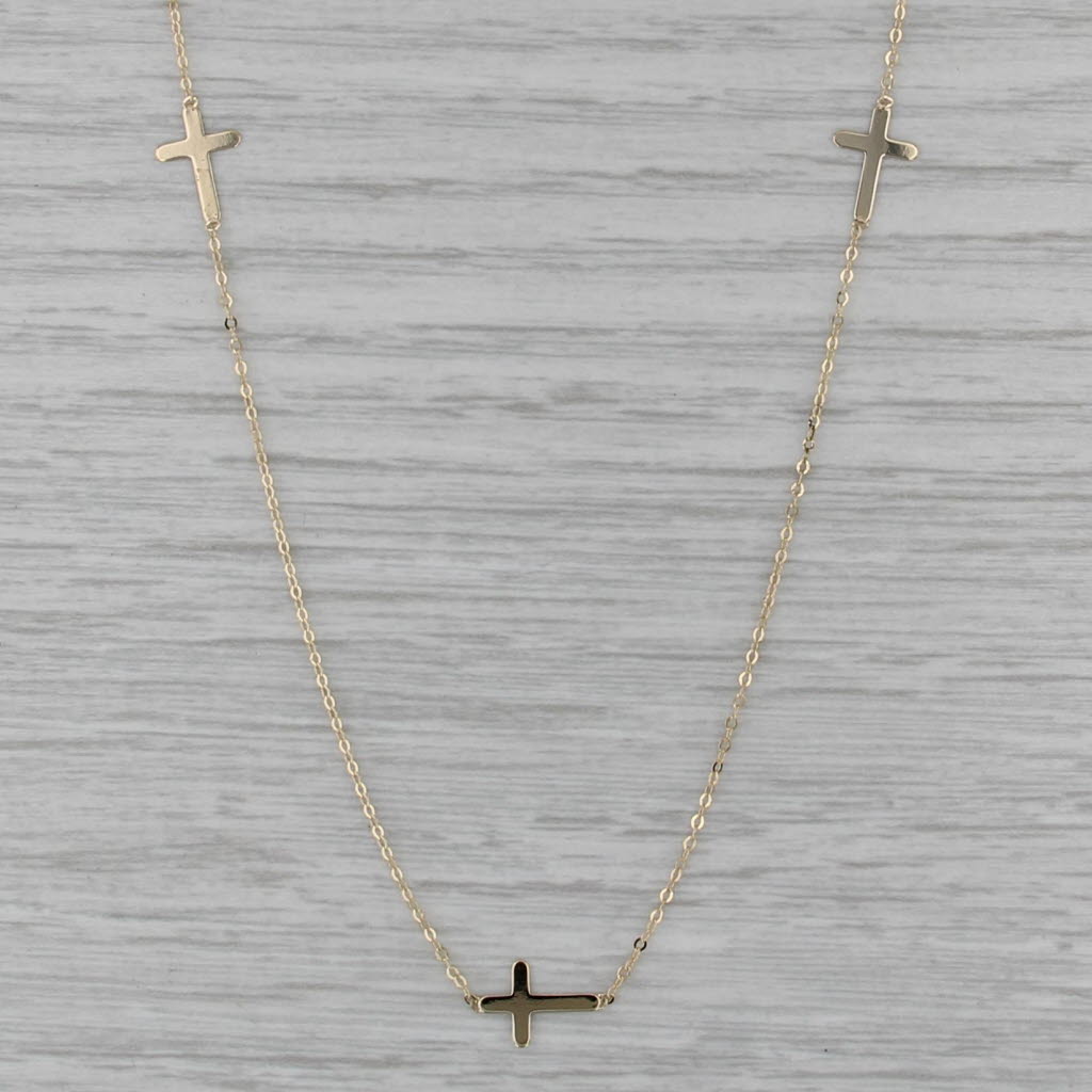 3 Cross Station Necklace 14k Yellow Gold 18" Fine Cable Chain