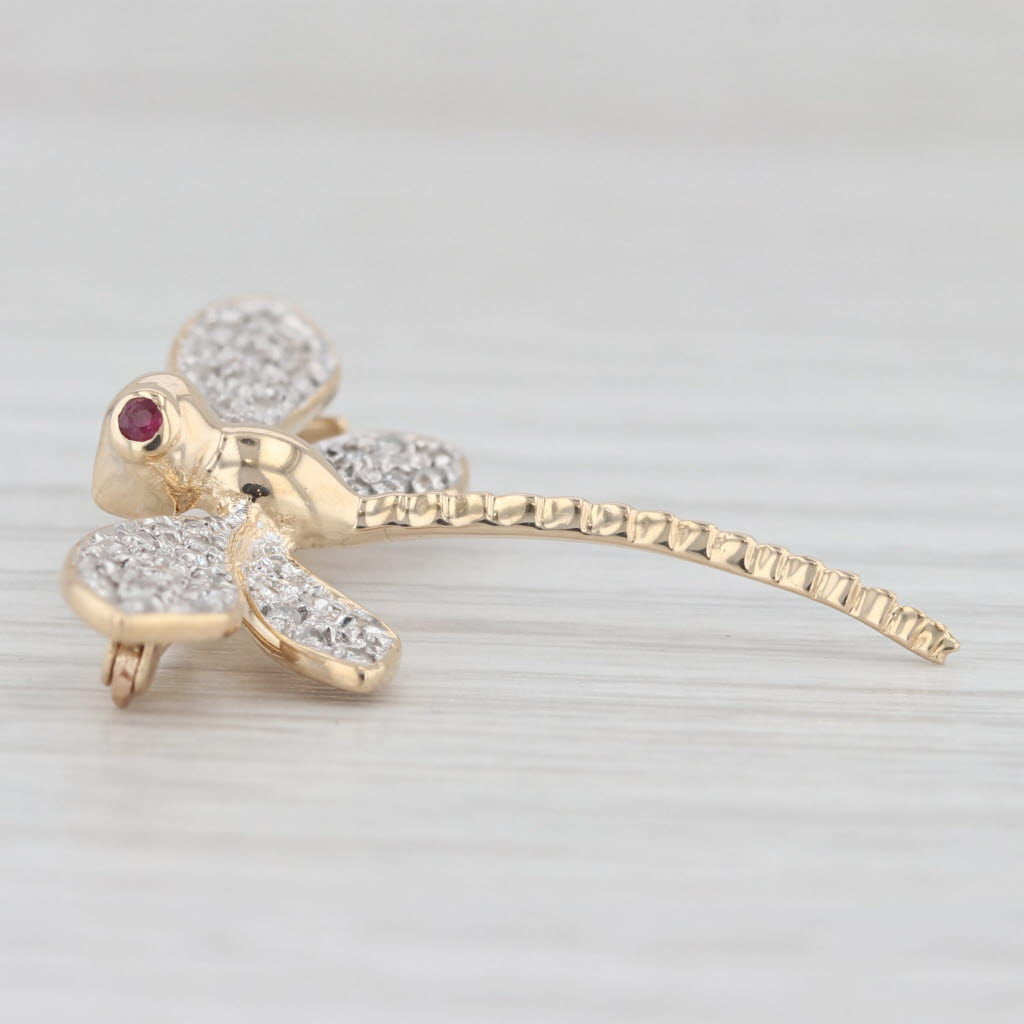 Light Gray 0.25ctw Diamond Ruby Dragonfly Brooch 14k Yellow Gold Pin