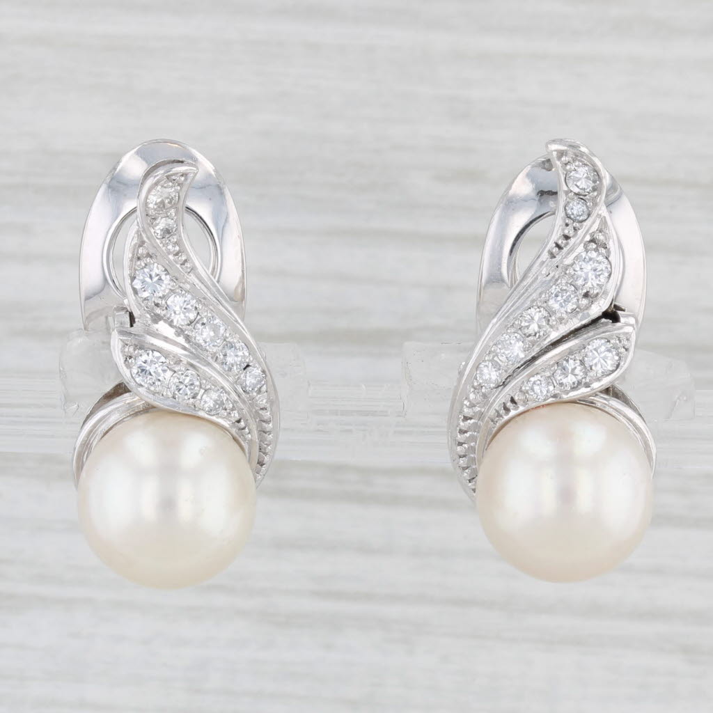 Cultured Pearl 0.30ctw Diamond Drop Clip On Earrings 14k Gold Platinum