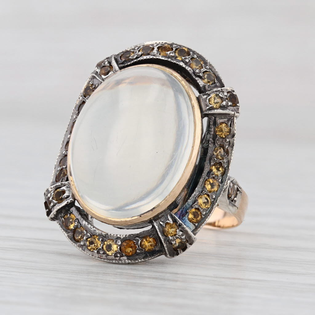 Vintage Cats Eye Moonstone Cabochon Citrine Halo Ring 18k Gold Silver Size 7.25