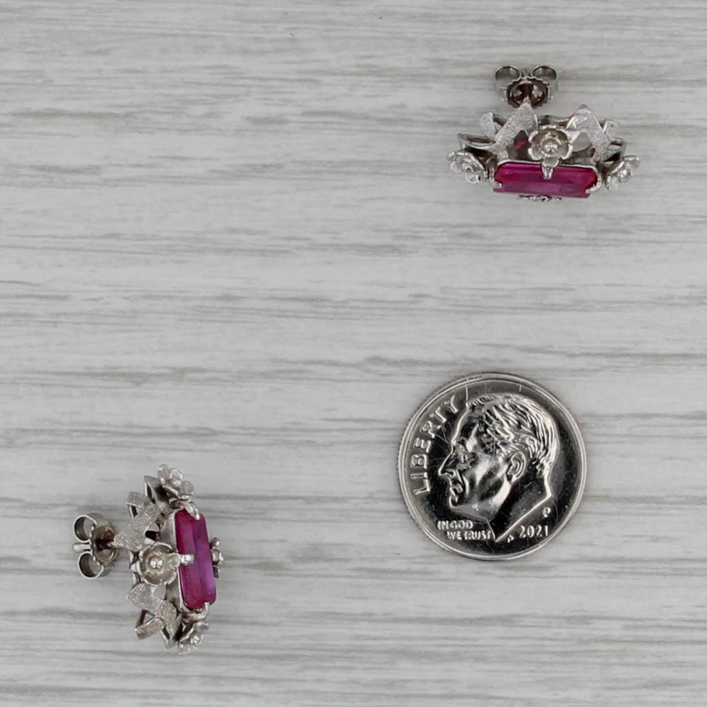 Vintage Lab Created Ruby Flower Accented Stud Earrings 10k White Gold