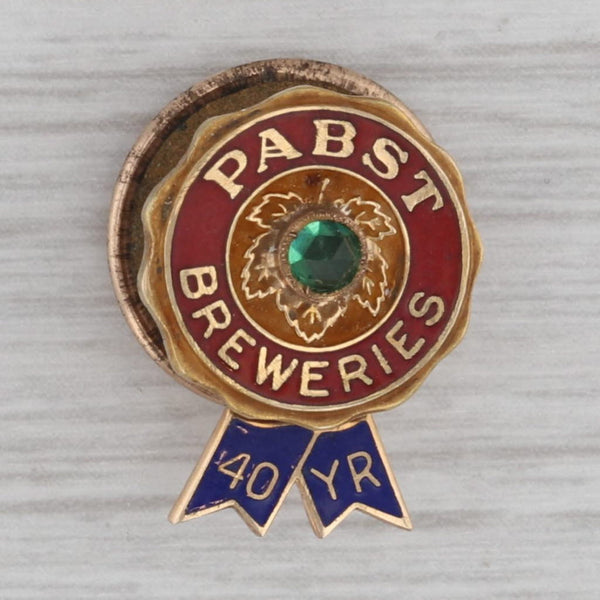 Vintage Pabst Blue Ribbon 40 Year Service Pin 14k Gold Enamel Green Glass Lapel