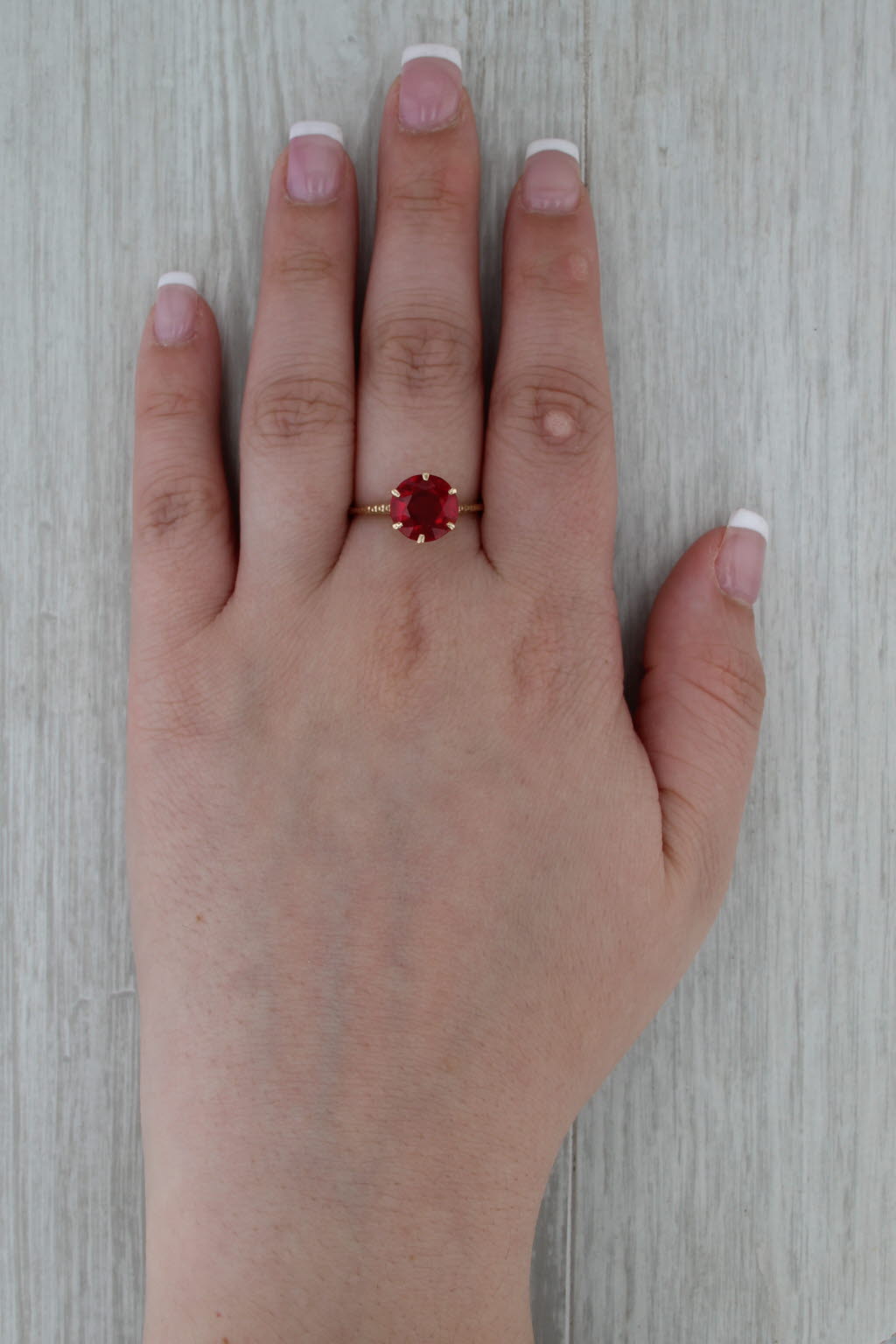 Vintage 3.90ct Lab Created Ruby Ring 10k Yellow Gold Size 8.5 Round Solitaire