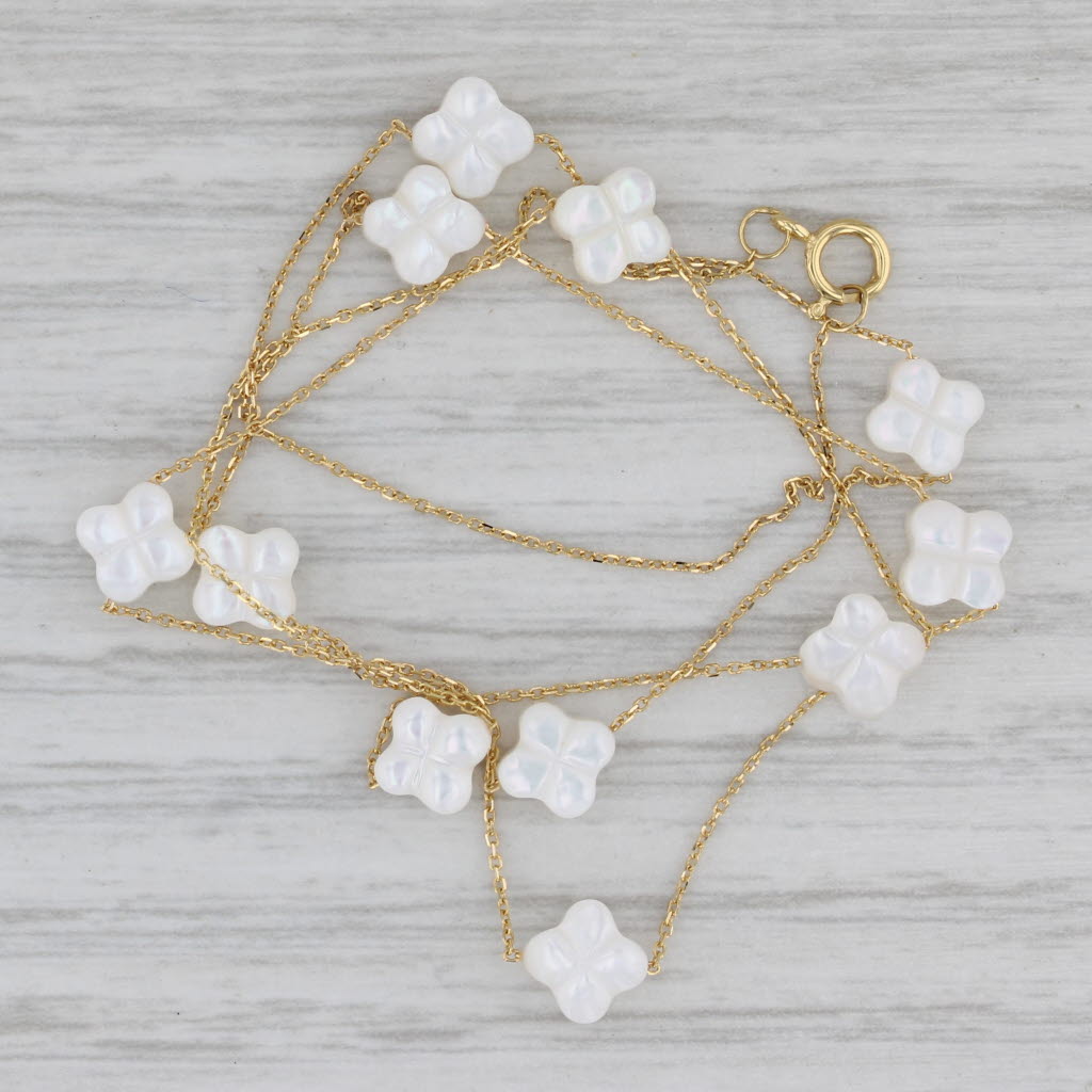 Gray Mother of Pearl Quatrefoil Clover Flower Stations Necklace 18" 14k Yellow Gold