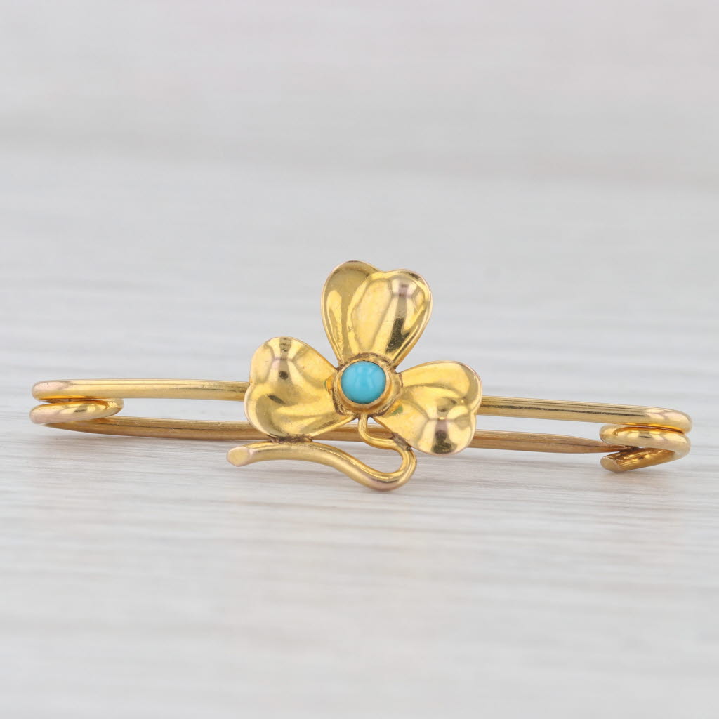 Light Gray Antique Glass Flower Clover Brooch 10k Yellow Gold Floral Pin
