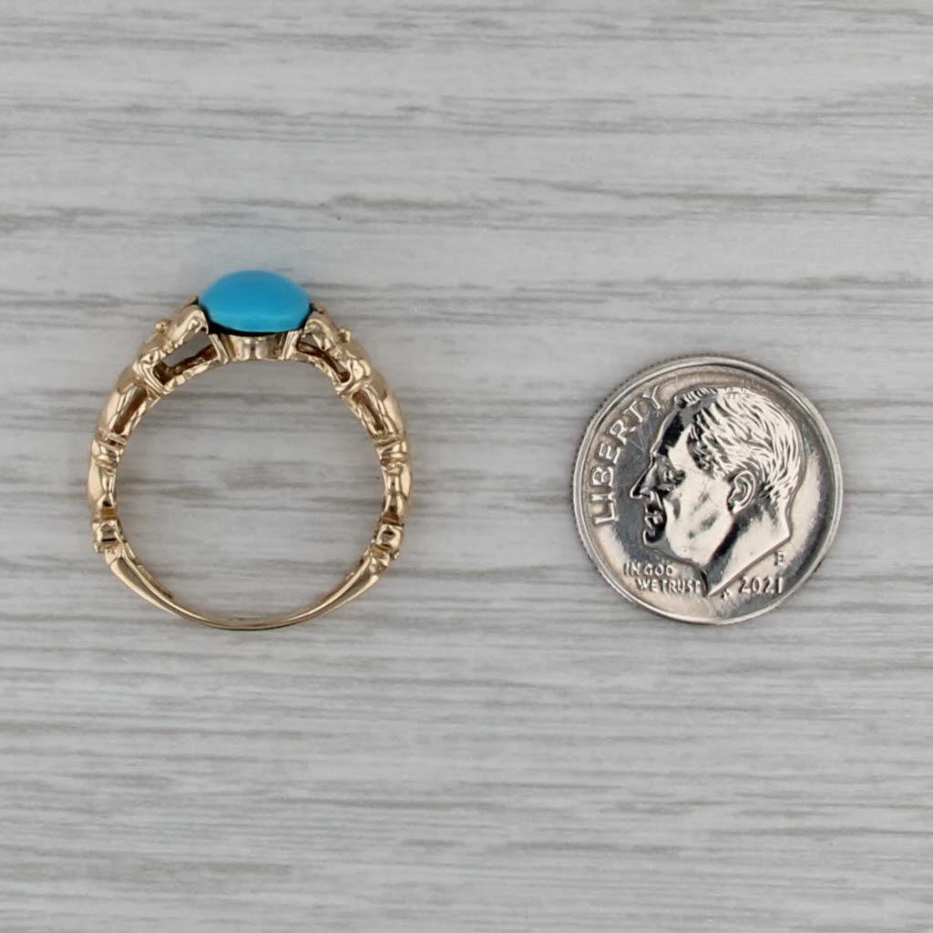 Oval Cabochon Turquoise Ring 14k Yellow Gold Ornate Floral Size 7
