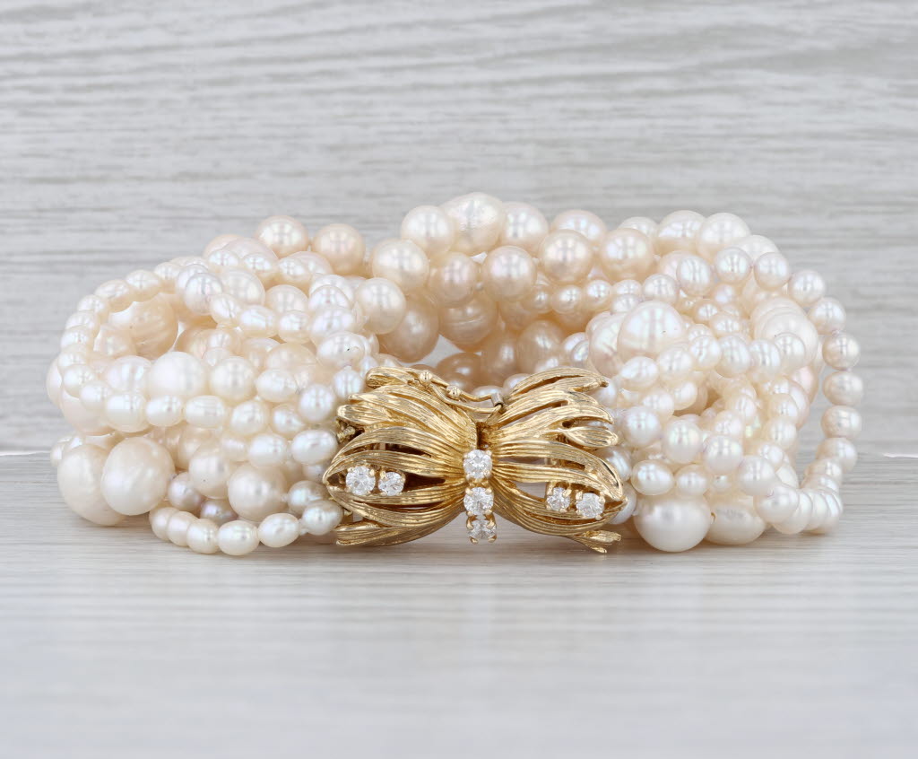 Vintage Multistrand Cultured Pearl Diamond Bracelet 14k Yellow Gold 9"
