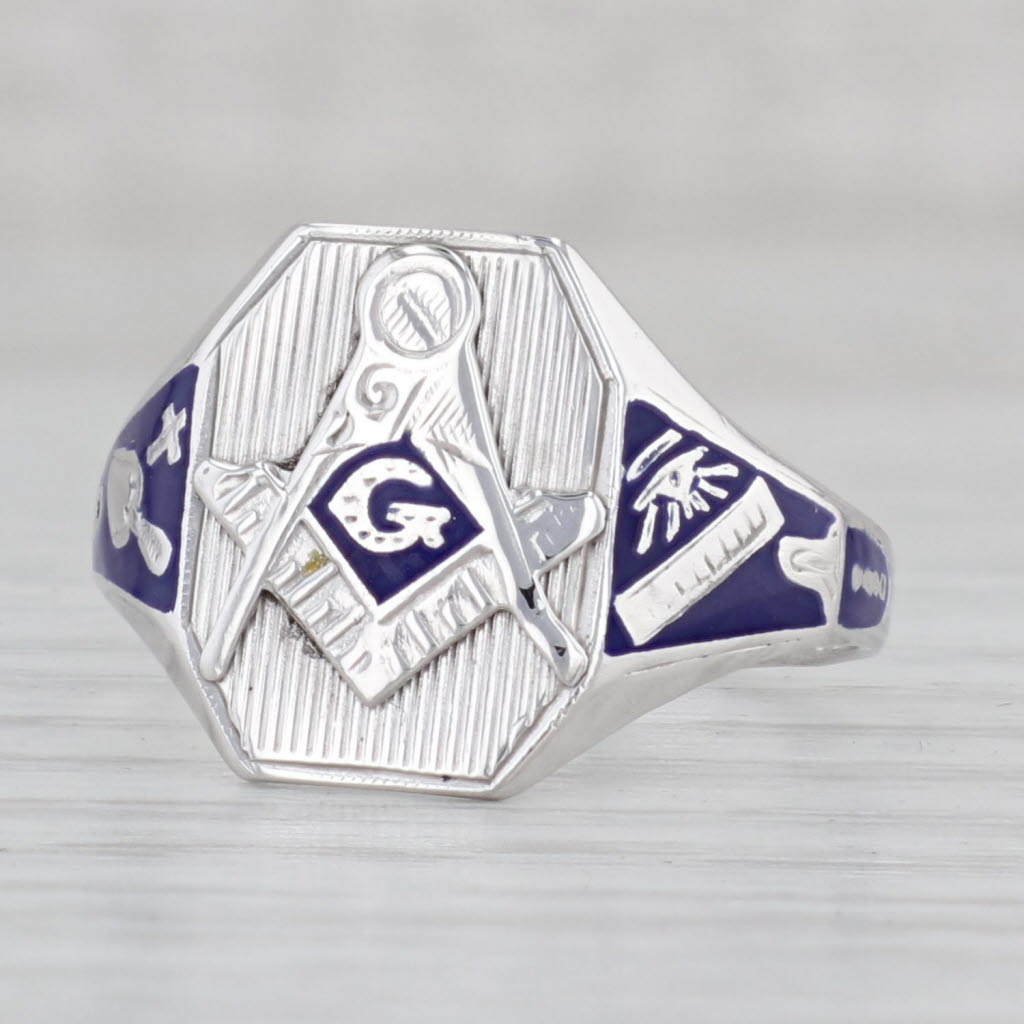 Light Gray Vintage Masonic Blue Lodge Signet Ring 10k Gold Enamel Square Compass Size 10