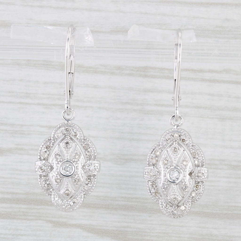 Light Gray 0.25ctw Diamond Dangle Earrings 14k White Gold Ornate Openwork Lever Backs
