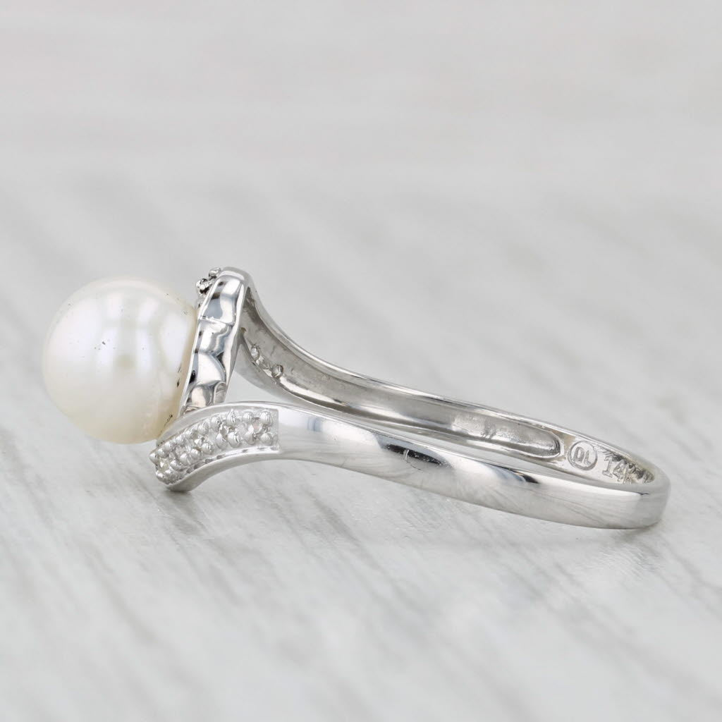 Light Gray Cultured Pearl Diamond Bypass Ring 14k White Gold Size 7.5