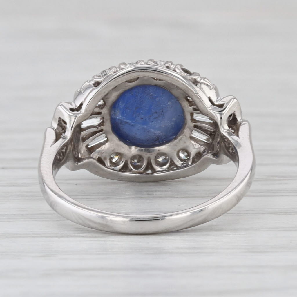 Blue Star Sapphire Cabochon Diamond Halo Ring 14k White Gold Size 5.75