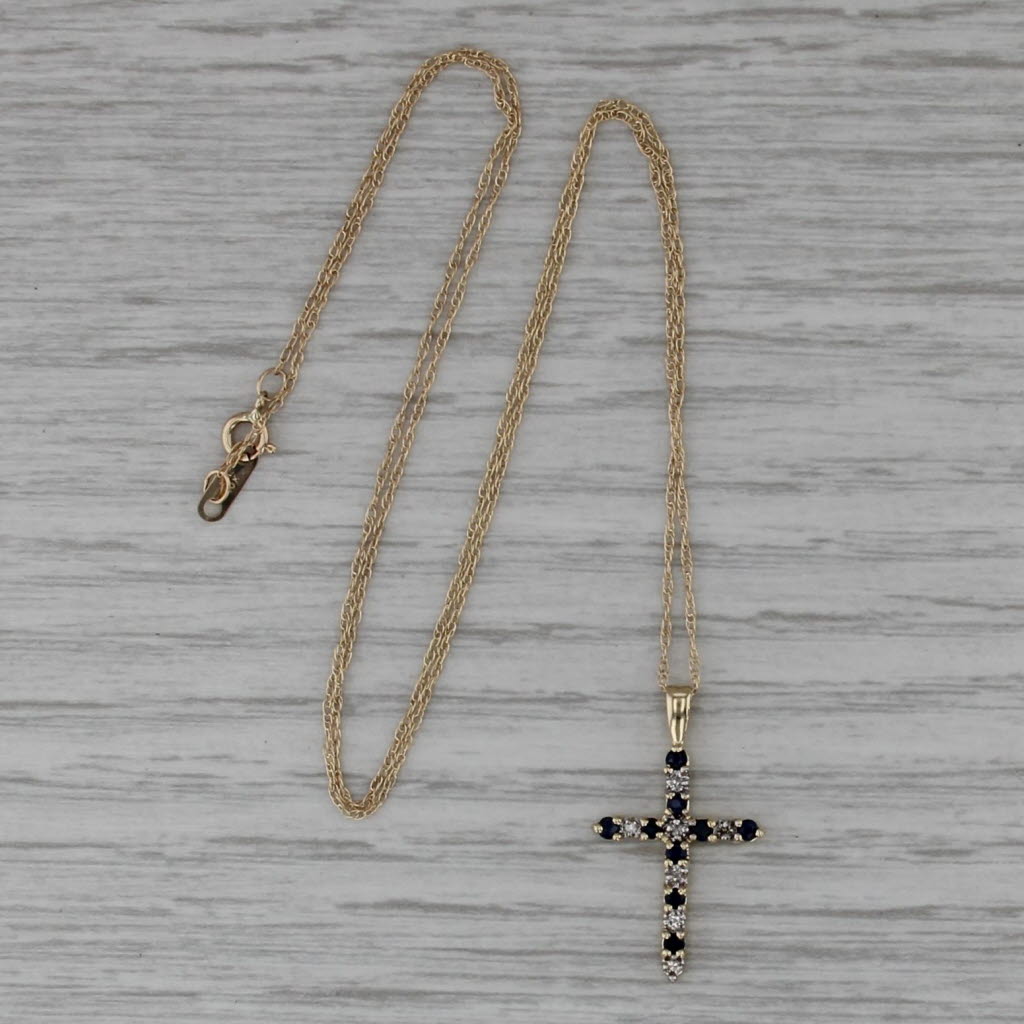 0.22ctw Sapphire Diamond Cross Pendant Necklace 10k Yellow Gold 18" Rope Chain