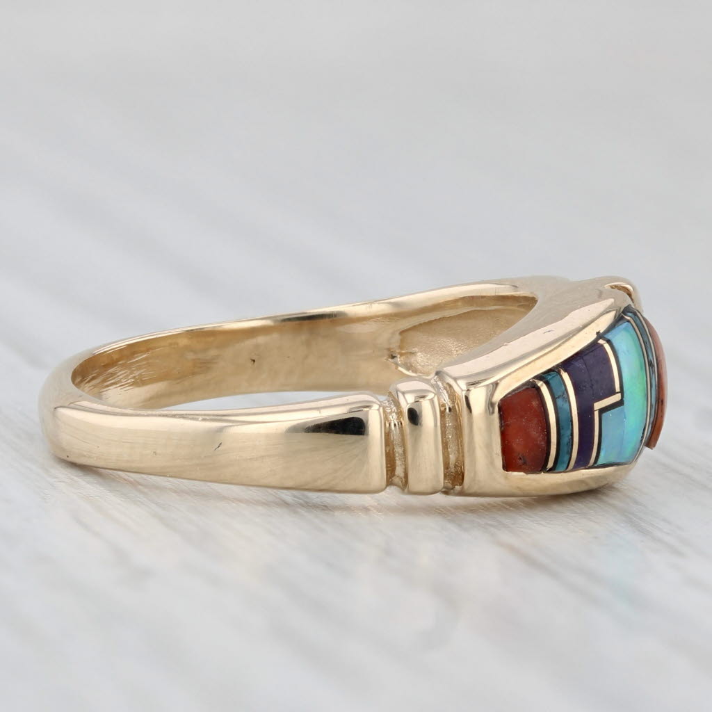 Light Gray Stone Mosaic Ring 14k Yellow Gold Size 6.75 Coral Turquoise Opal Sugilite Resin