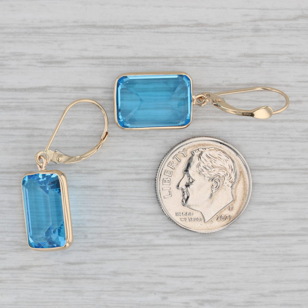 Gray 25ctw Blue Topaz Dangle Earrings 14k Yellow Gold Emerald Cut Drops