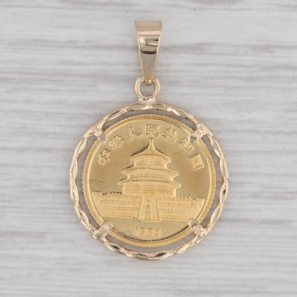 Gray 1984 5 Yuan Chinese Panda Coin Pendant 14k Bezel 1/20oz 999 Coin Yellow Gold