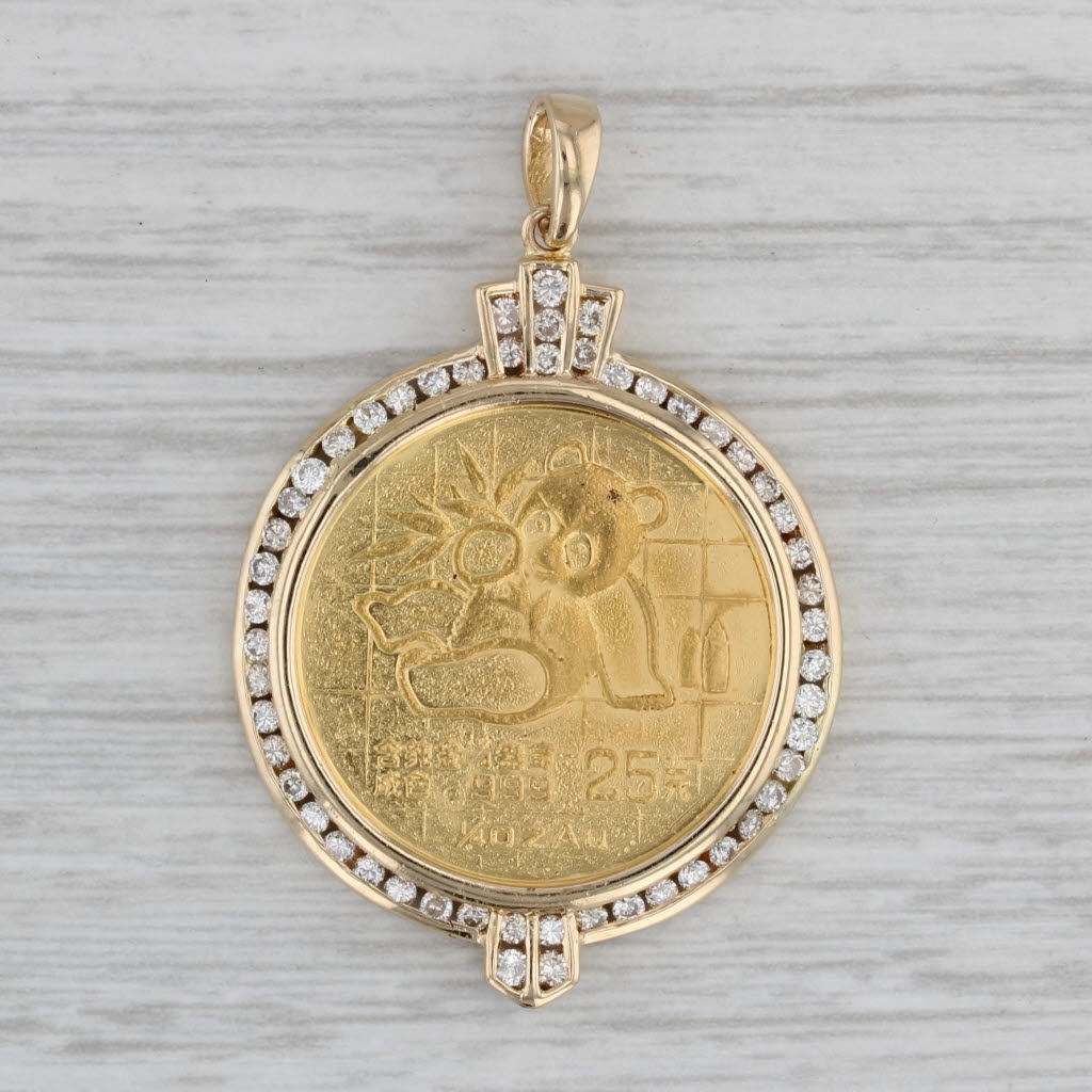 Gray 0.75ctw Diamond Bezel Chinese Panda Coin Pendant 18k 999 Gold 1989 1/4oz 25 Yuan